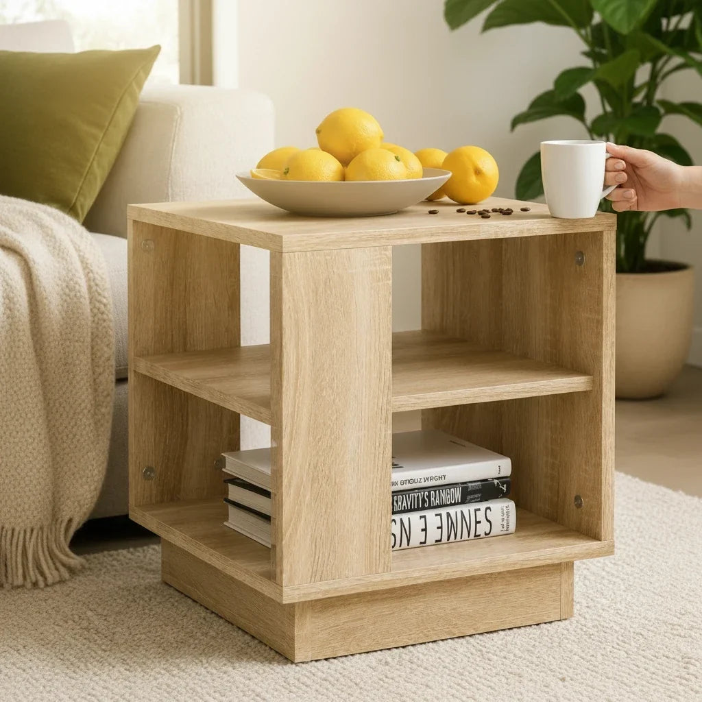 Table de chevet Loftora en bois clair finition Sonoma avec étagères de rangement dans un salon moderne Image