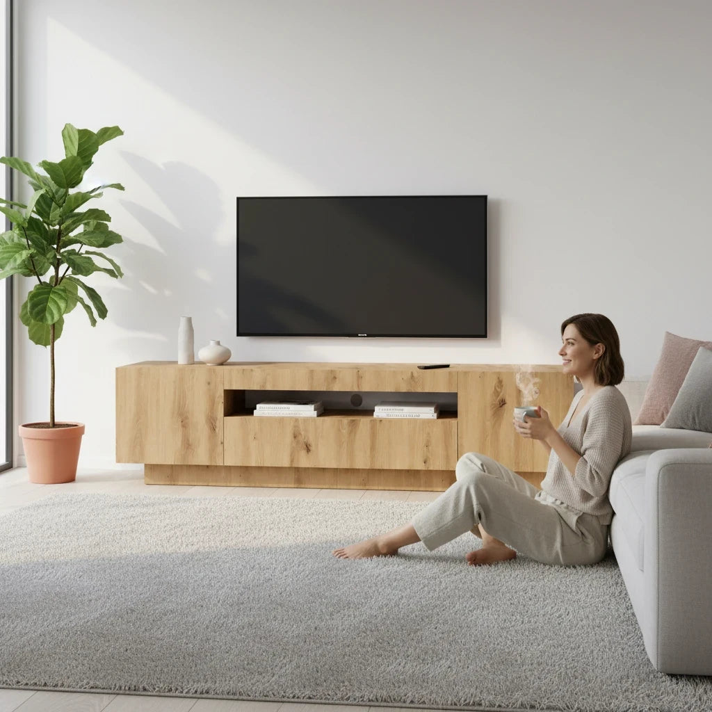 Meuble TV Chêne Artisanal avec Éclairage LED RGB 160 cm
