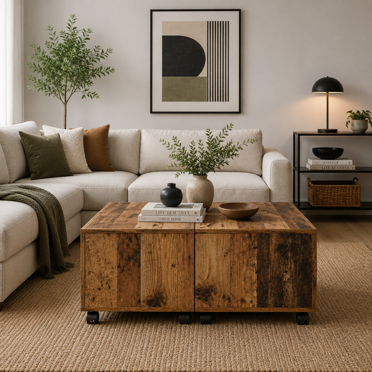 Table Basse Carrée Extensible à Roulettes en Chêne Sonoma