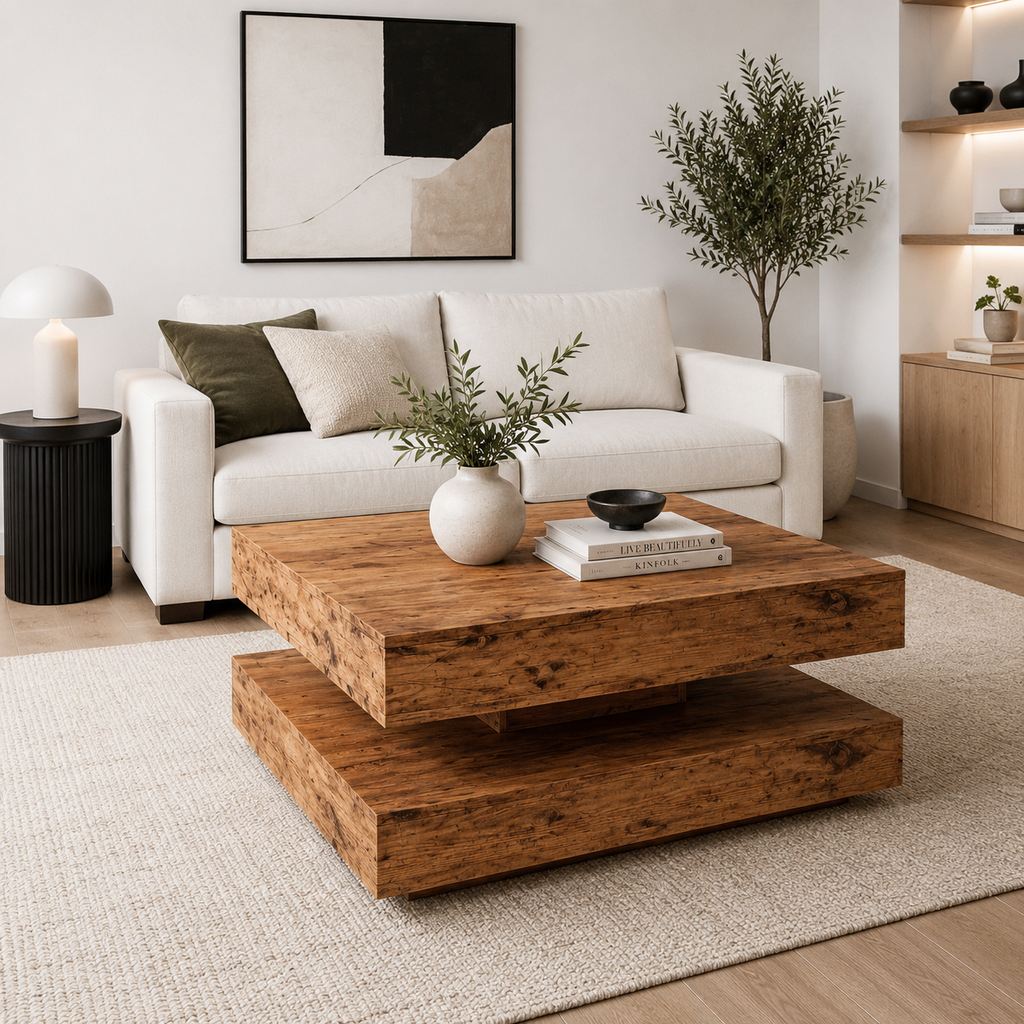 Table basse rotative 360° Vieux Bois - dans un salon