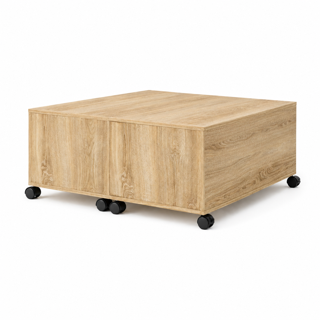 Table Basse Carrée Extensible à Roulettes en Chêne Sonoma