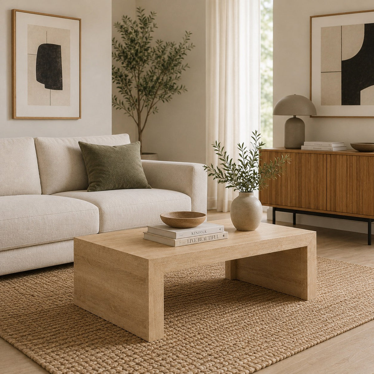 Table basse carrée 100 cm Chêne Artisanal - dans un salon