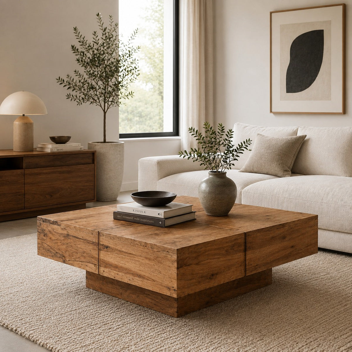 Table basse carrée bois d'acacia - dans un salon