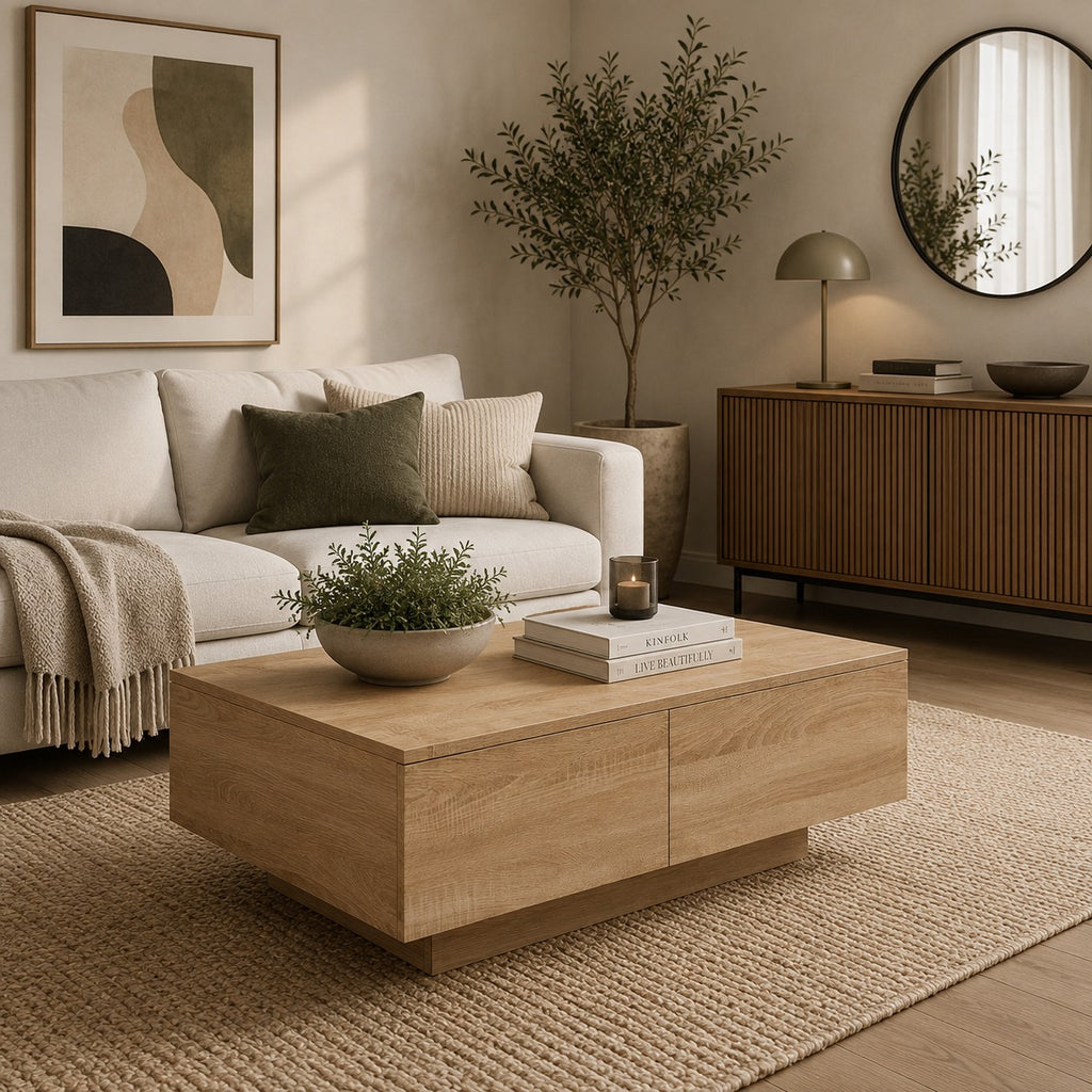 Table basse rectangulaire rangement Chêne Artisanal - dans un salon