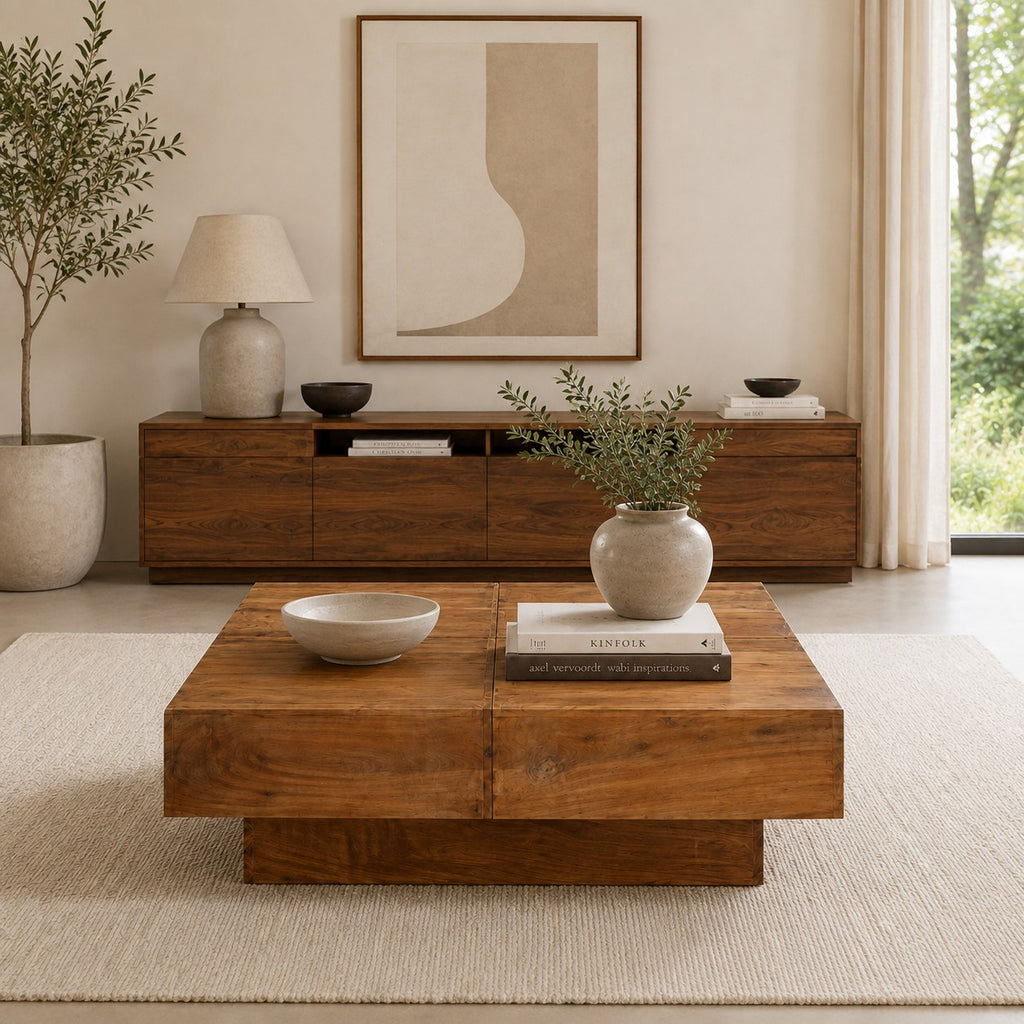 Table basse carrée bois d'acacia - dans un salon