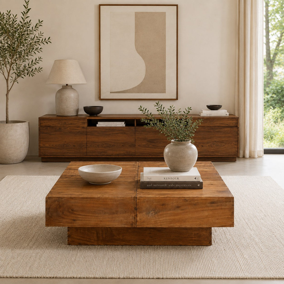 Table basse carrée bois d'acacia - dans un salon