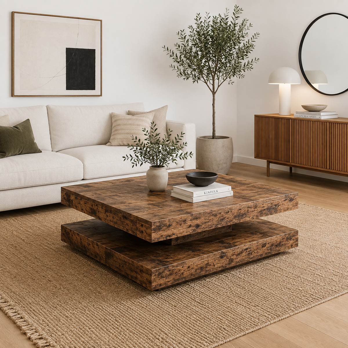 Table basse rotative 360° Vieux Bois - dans un salon