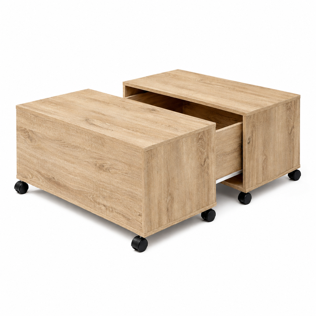 Table Basse Carrée Extensible à Roulettes en Chêne Sonoma