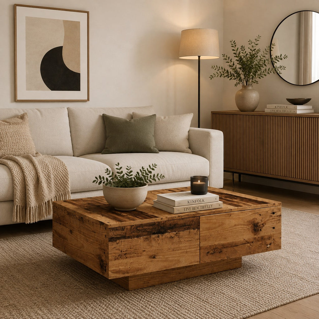 Table basse rectangulaire rangement Vieux Bois - dans un salon