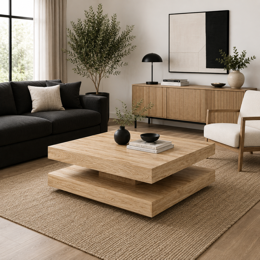 Table basse rotative 360° Chêne Artisanal - dans un salon