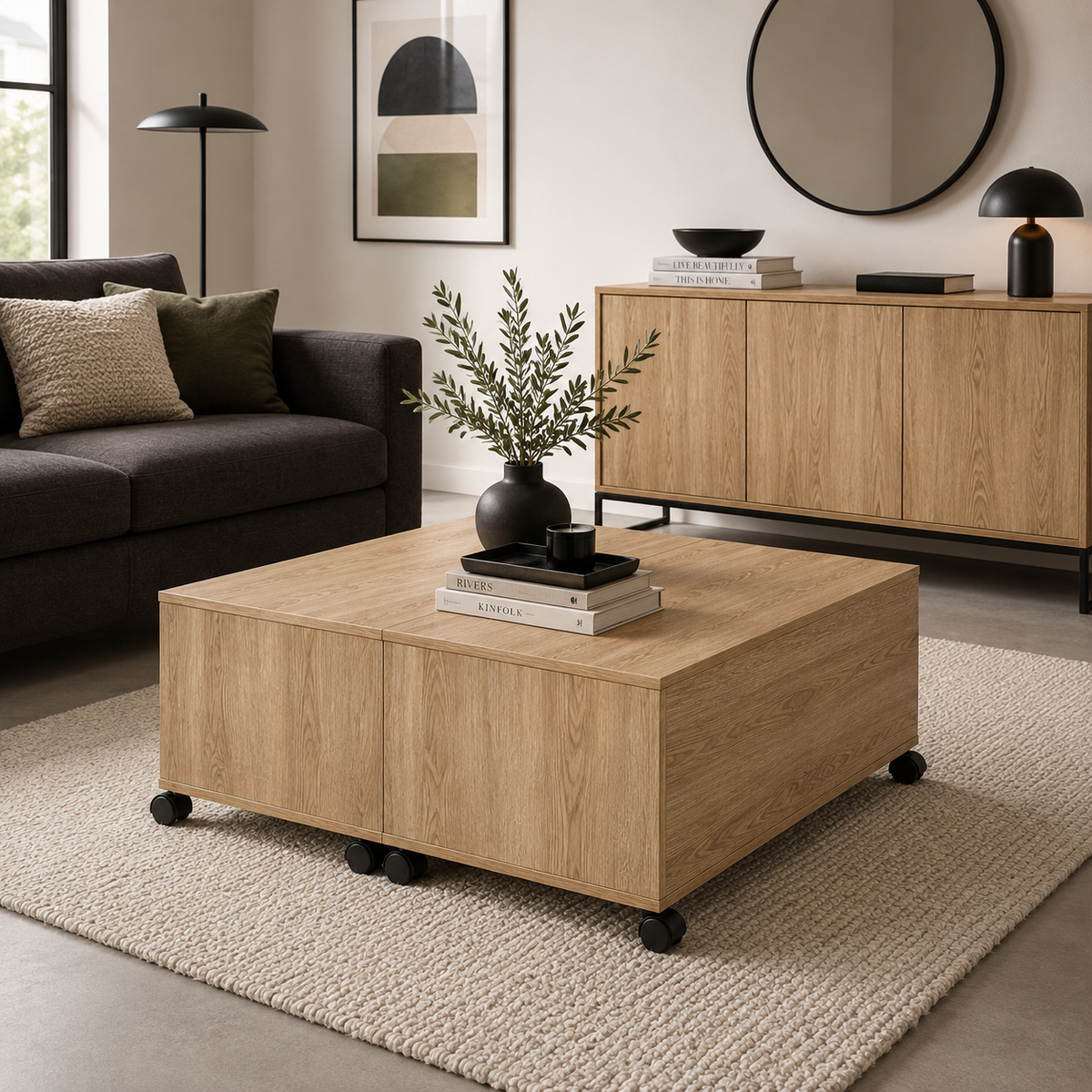 Table Basse Carrée Extensible à Roulettes en Chêne Sonoma
