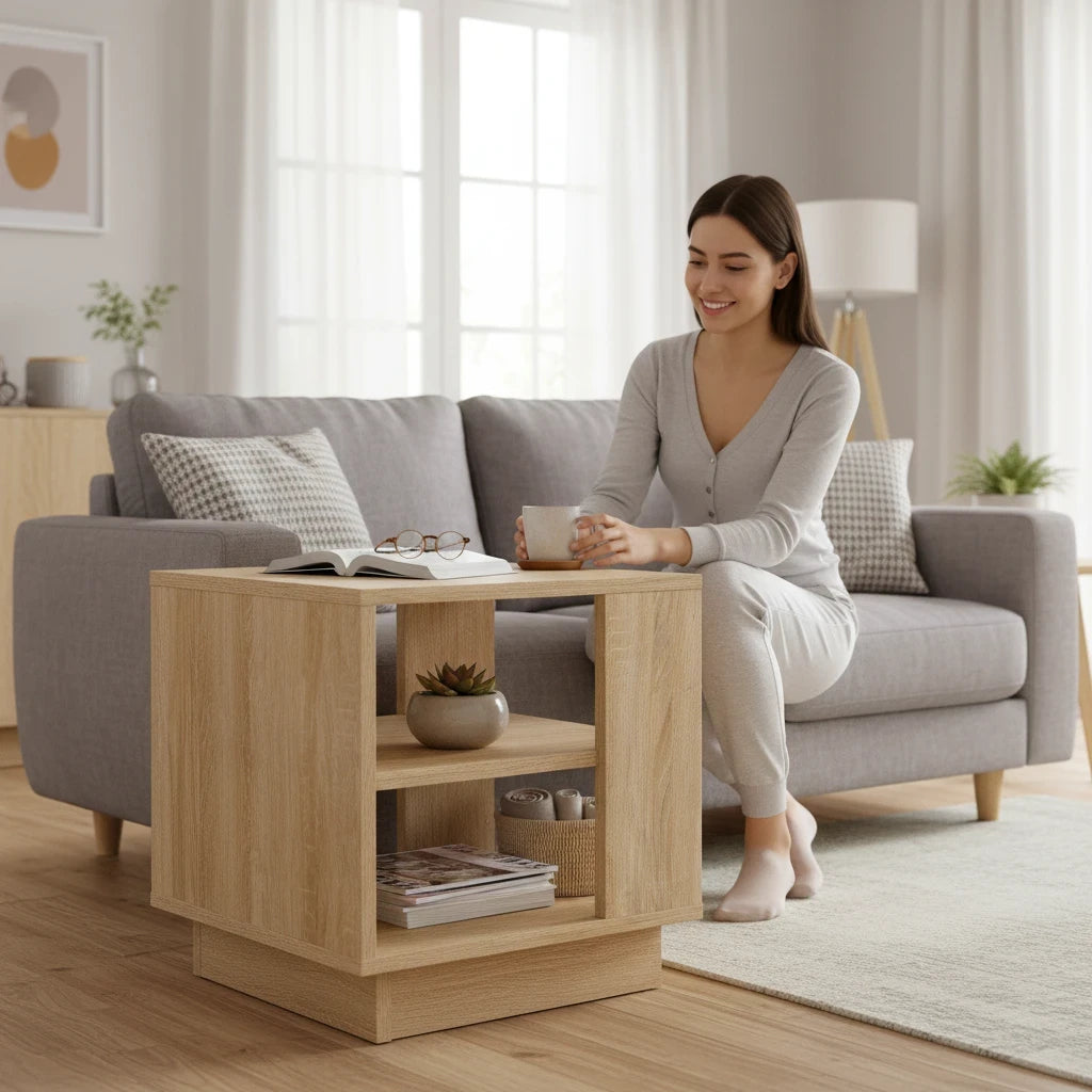 Table Basse Carrée Chêne Sonoma avec Étagères de Rangement