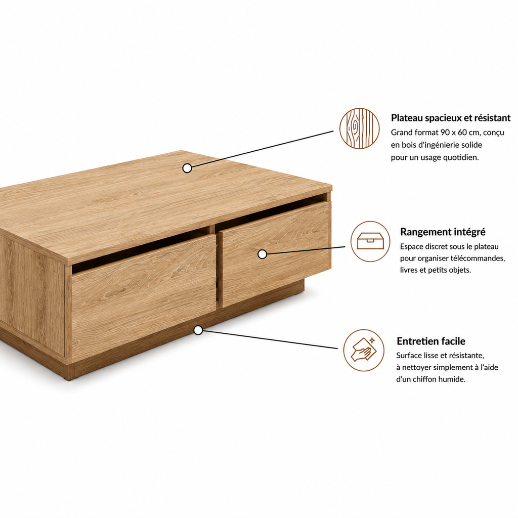 Table Basse Rectangulaire en Bois avec Rangement