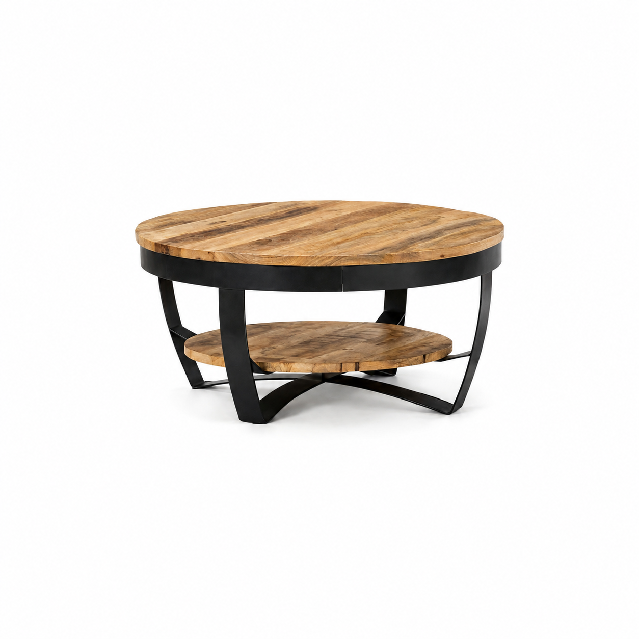 Table Basse Ronde en Manguier Massif avec Structure Métal