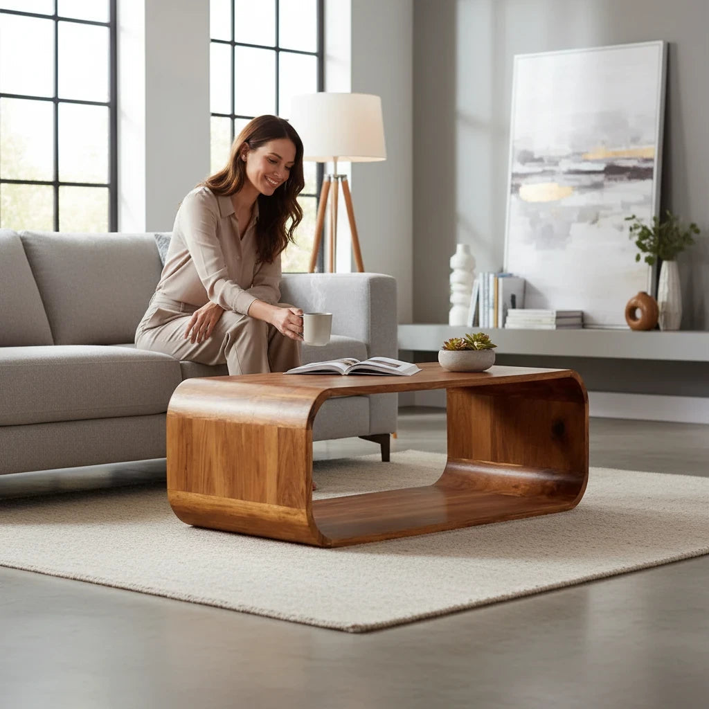 Table Basse en Bois d'Acacia Massif avec Rangement – Finition Miel