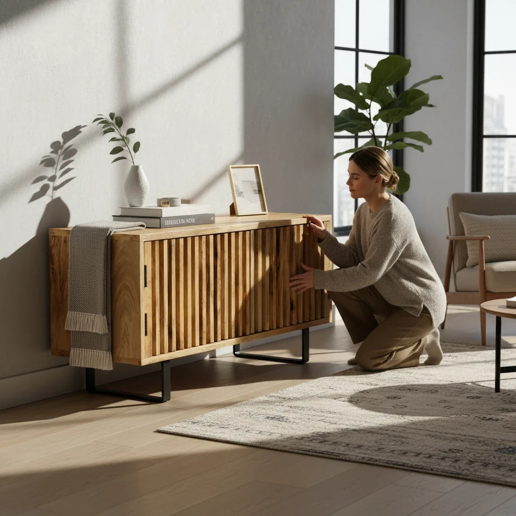 Meuble TV en Manguier Massif et Métal – Style Industriel