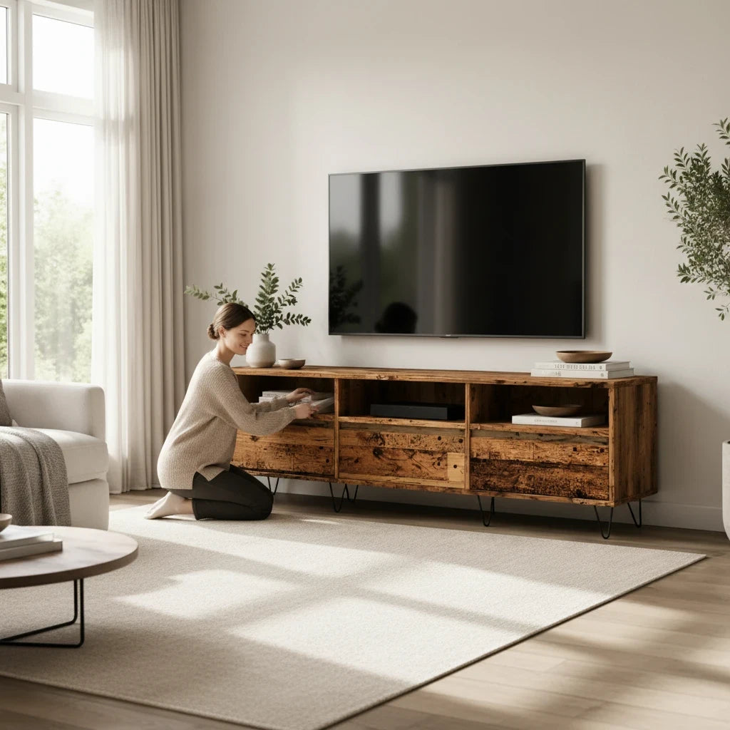 Meuble TV en Bois Naturel avec Pieds Épingle en Métal