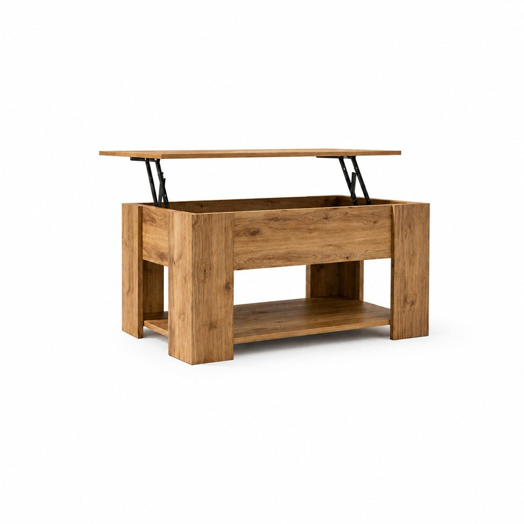 Table basse relevable chêne Sonoma, plateau relevé avec rangement visible