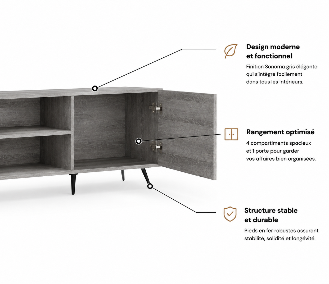 Meuble TV Design Sonoma Gris avec Rangement