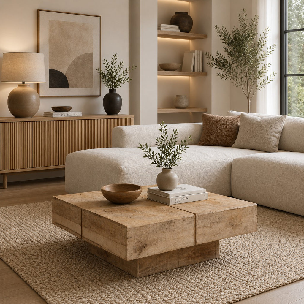 Table basse carrée bois de manguier - dans un salon