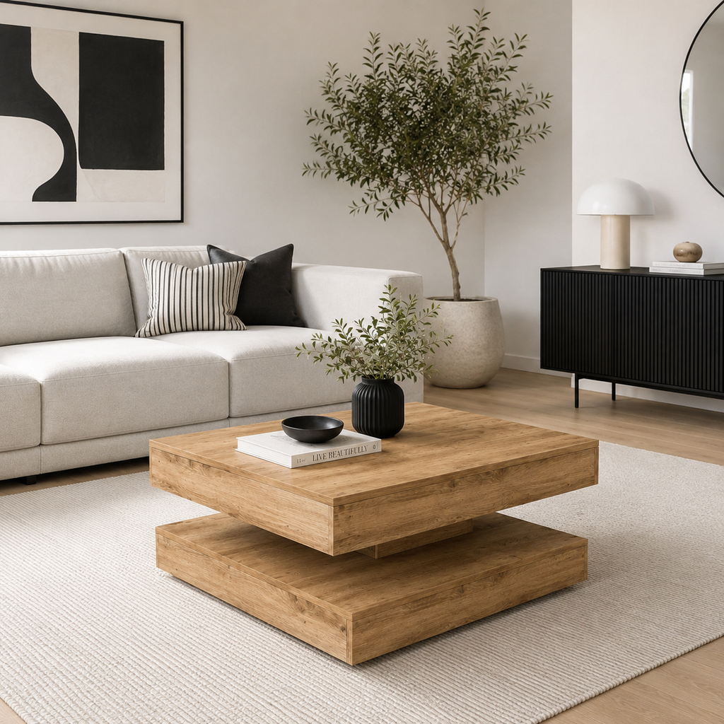 Table basse rotative 360° Chêne Artisanal - dans un salon
