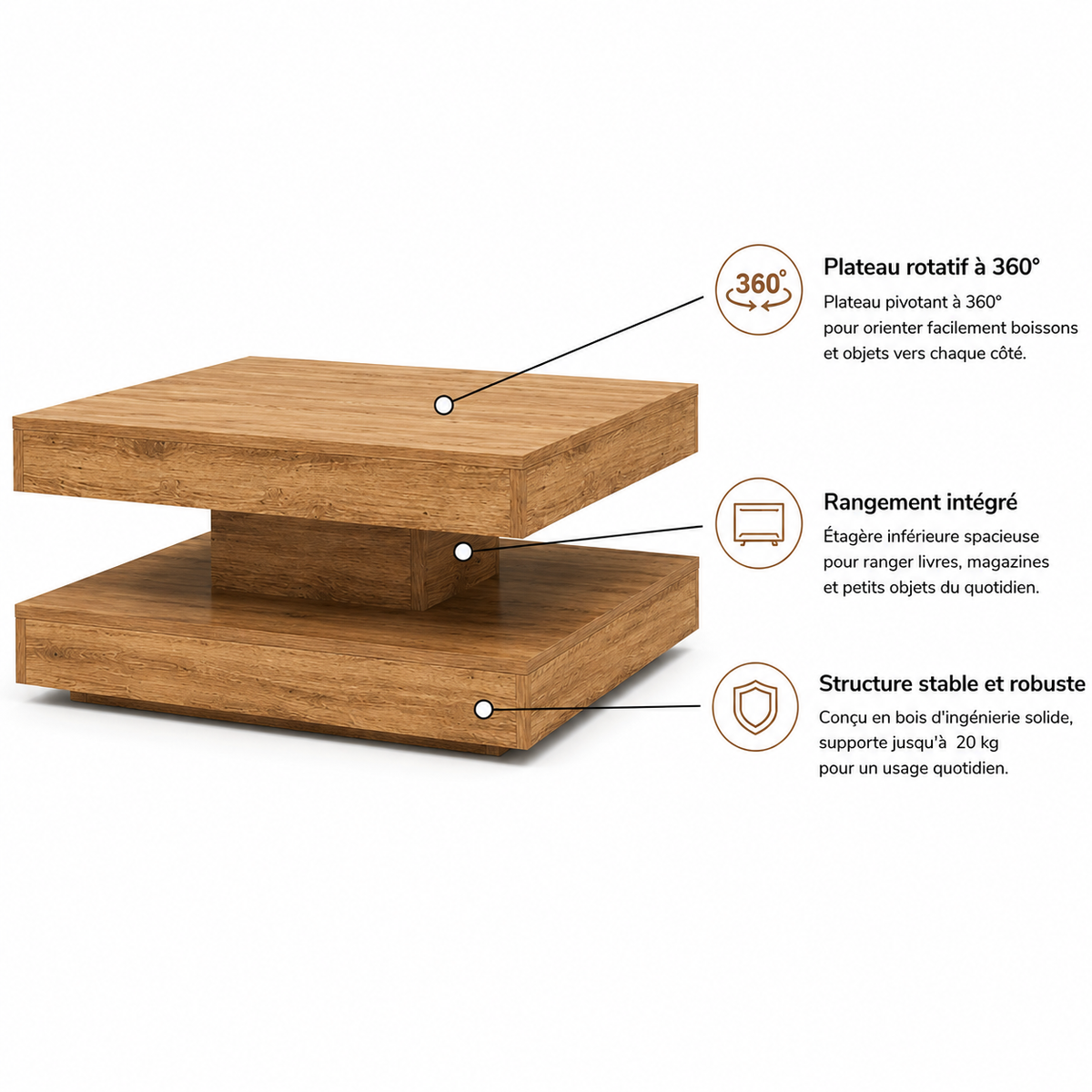 Table Basse Rotative 360° avec Rangement