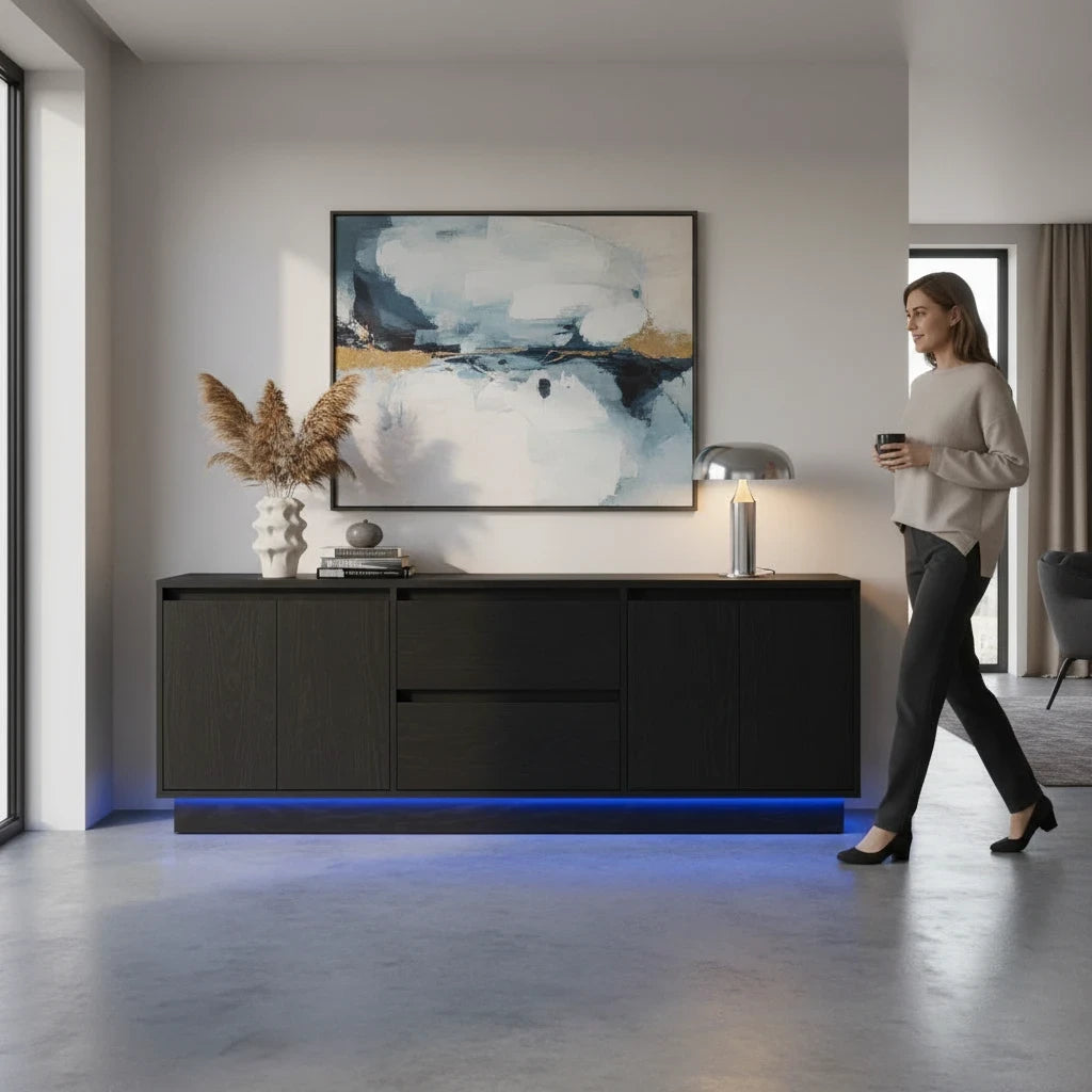 Meuble TV Chêne Noir LED RGB 160 cm avec Tiroirs
