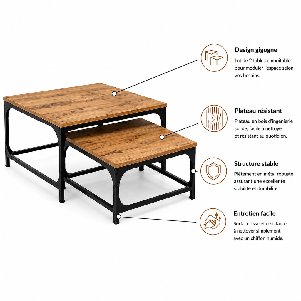 Tables Basses Gigognes en Bois et Métal – Lot de 2