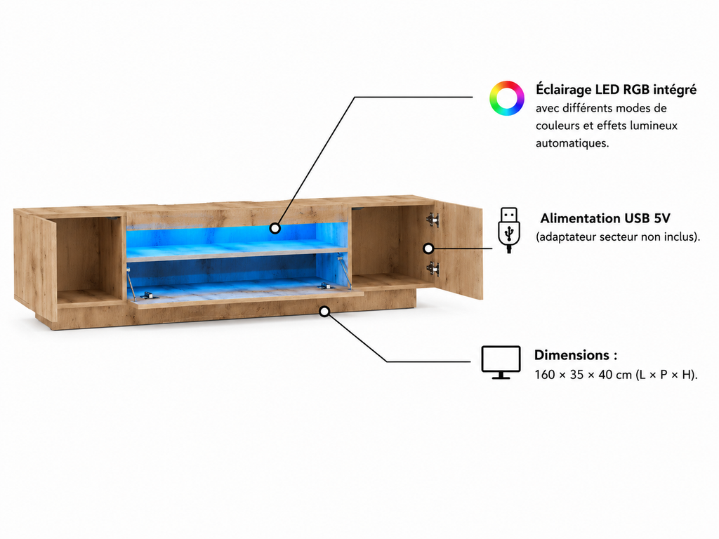 Meuble TV Chêne Artisanal avec Éclairage LED RGB 160 cm