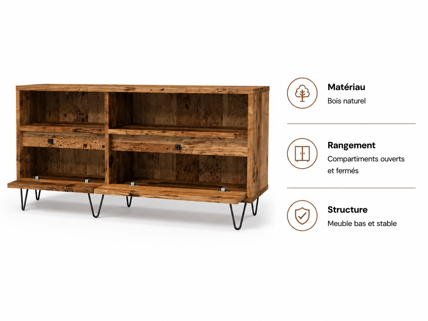 Meuble TV en Bois Naturel avec Pieds Épingle en Métal
