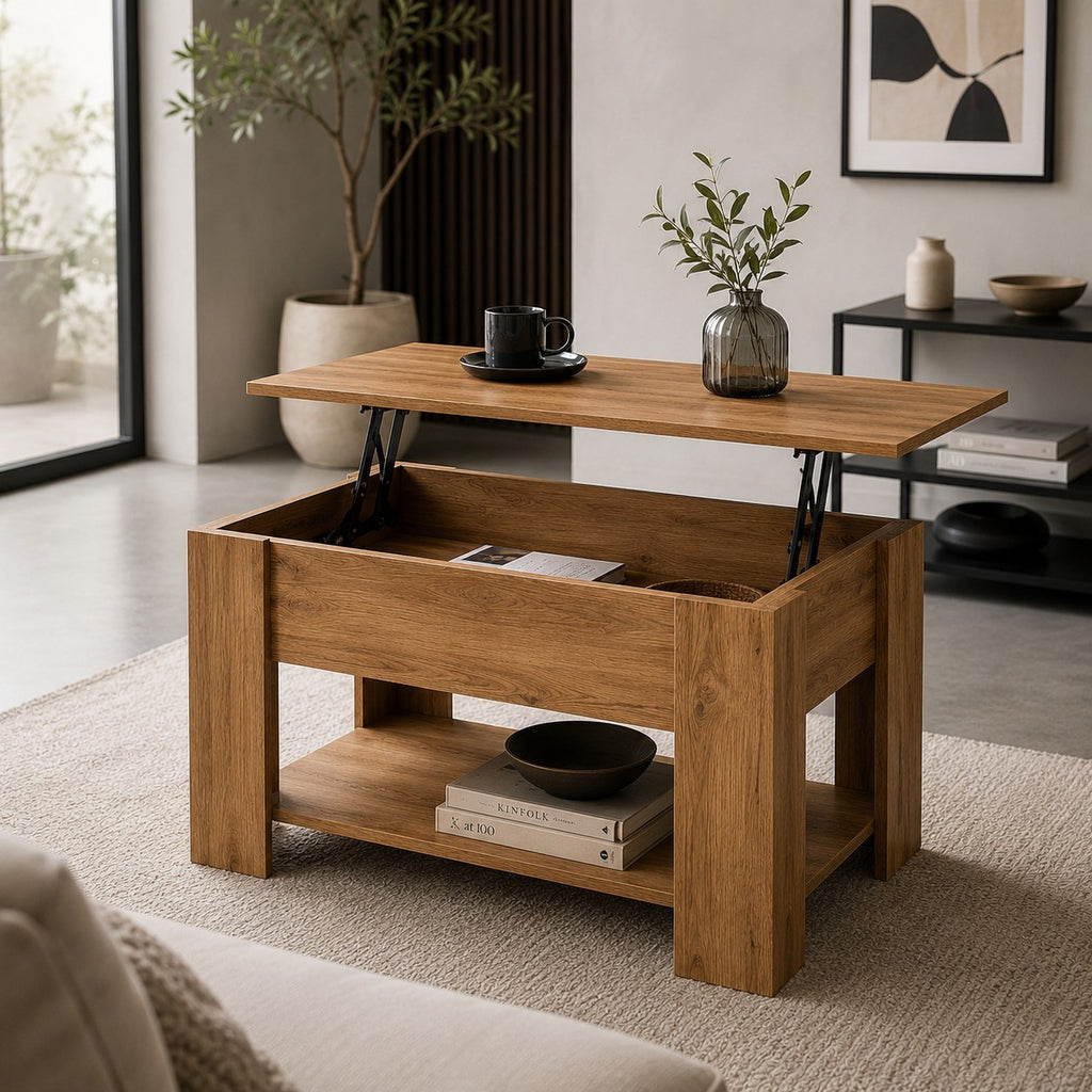 Table basse relevable chêne Sonoma utilisée comme bureau d'appoint dans un salon