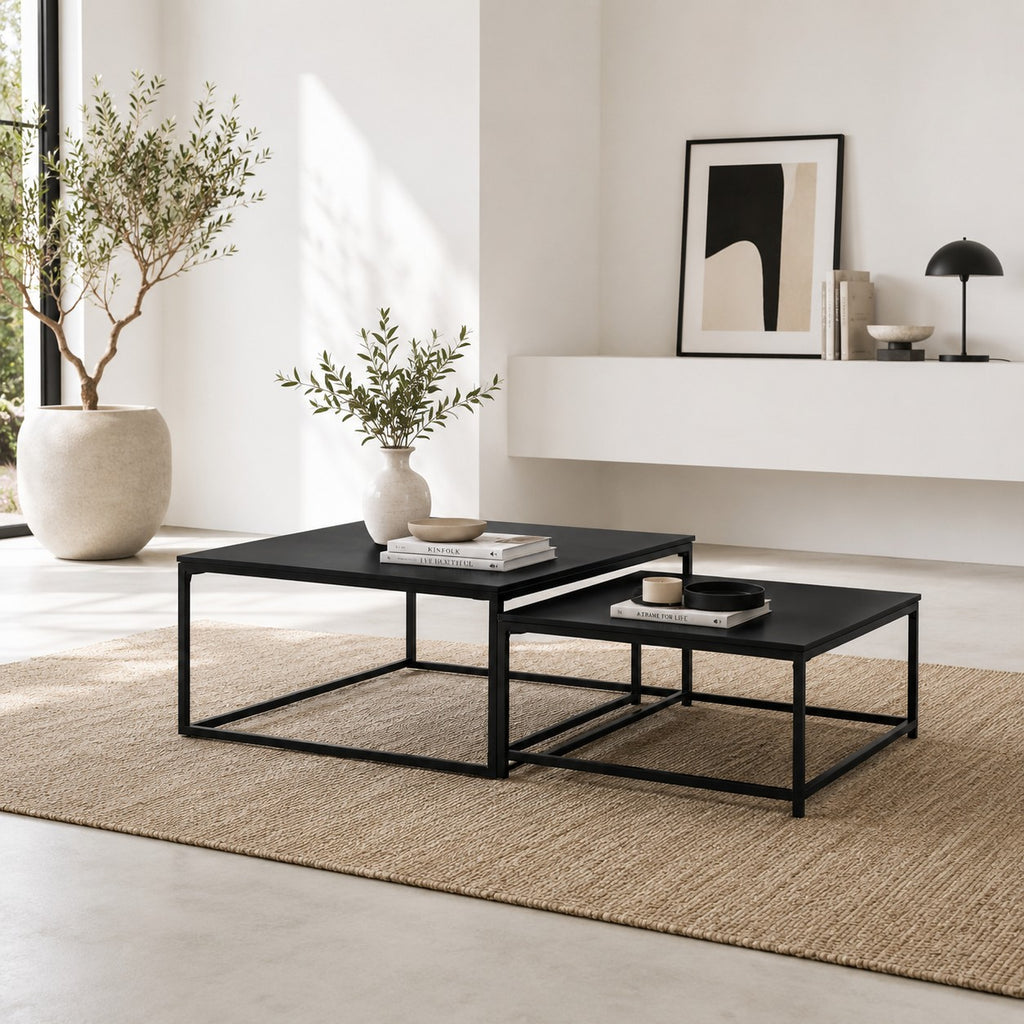 Table Basse Gigogne Carrée en Bois et Métal - Lot de 2