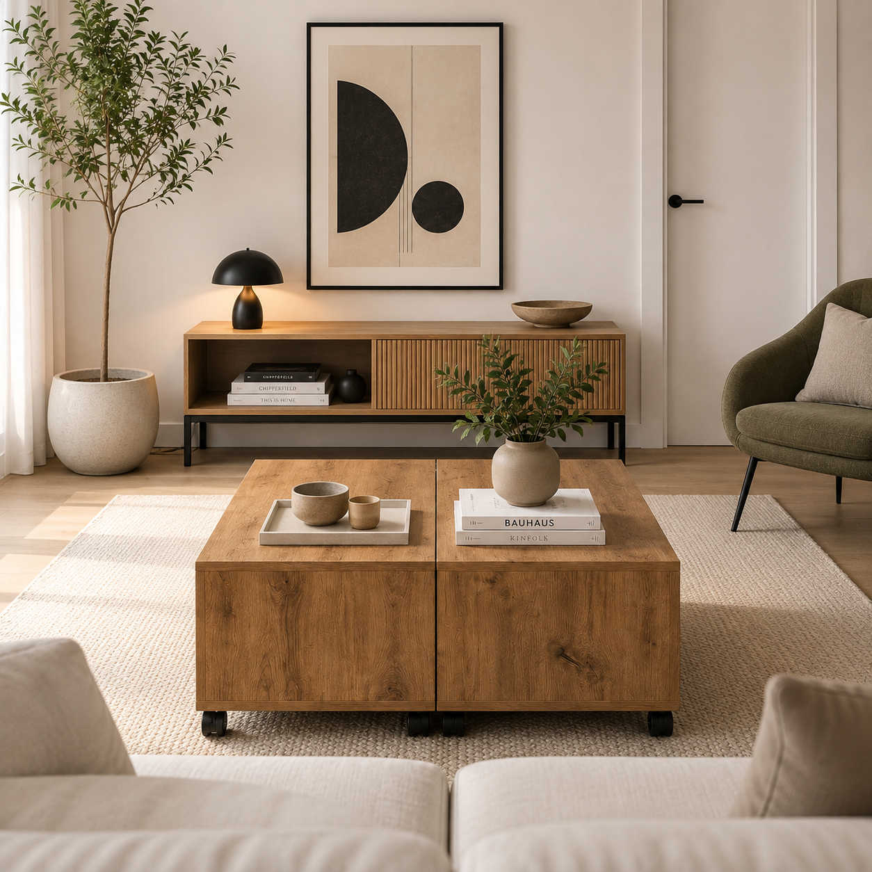 Table Basse Carrée Extensible à Roulettes en Chêne Sonoma