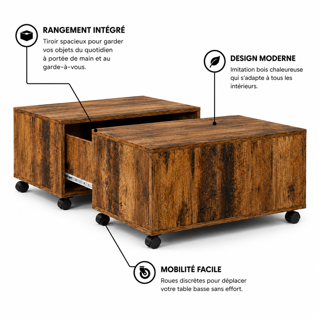 Table Basse Carrée Extensible à Roulettes en Chêne Sonoma