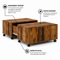 Table Basse Carrée Extensible à Roulettes en Chêne Sonoma