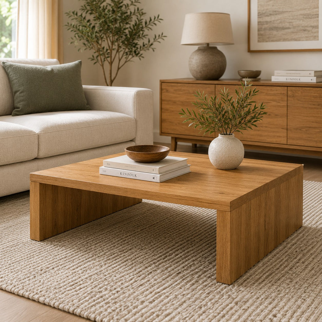 Table basse carrée 100 cm Chêne Artisanal - dans un salon