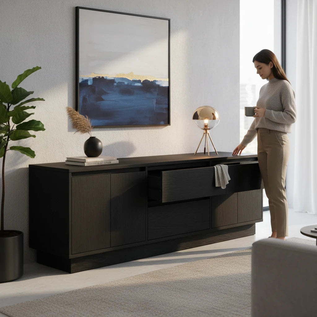 Meuble TV Chêne Noir LED RGB 160 cm avec Tiroirs