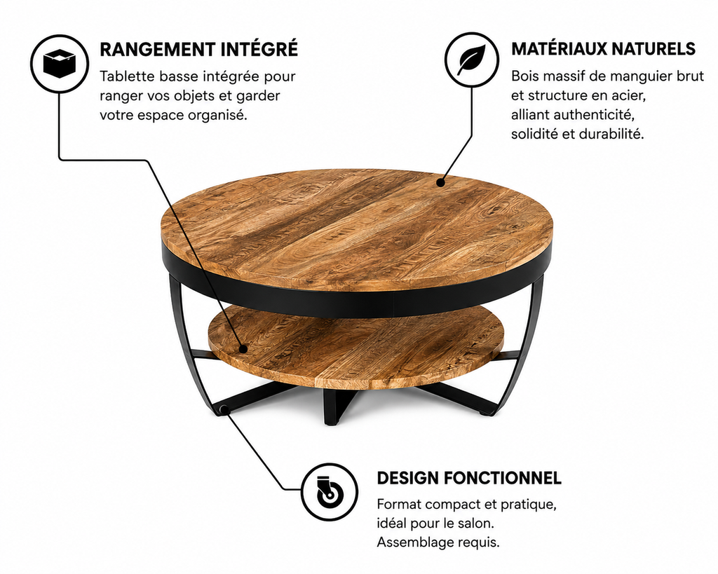 Table Basse Ronde en Manguier Massif avec Structure Métal