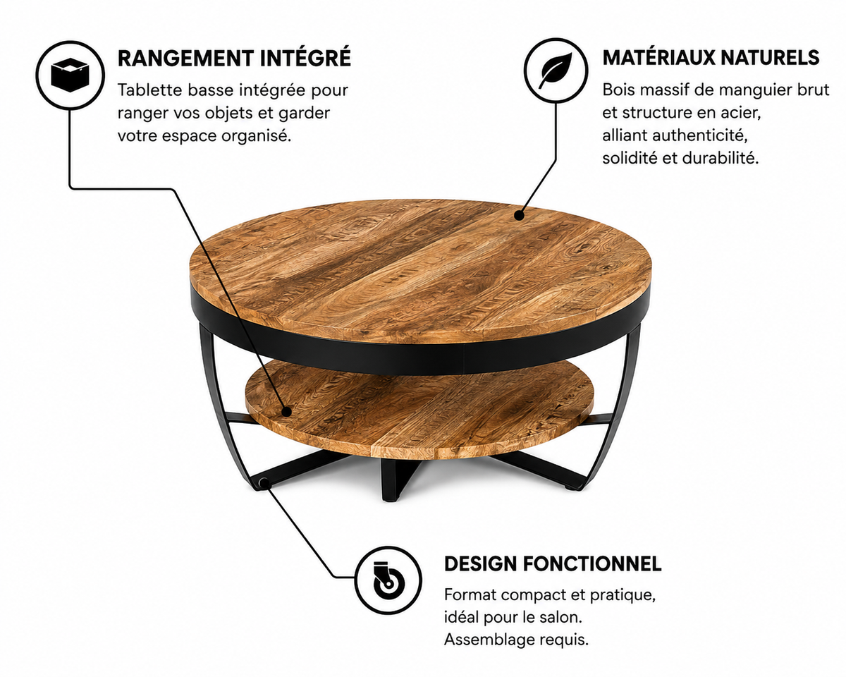 Table Basse Ronde en Manguier Massif avec Structure Métal