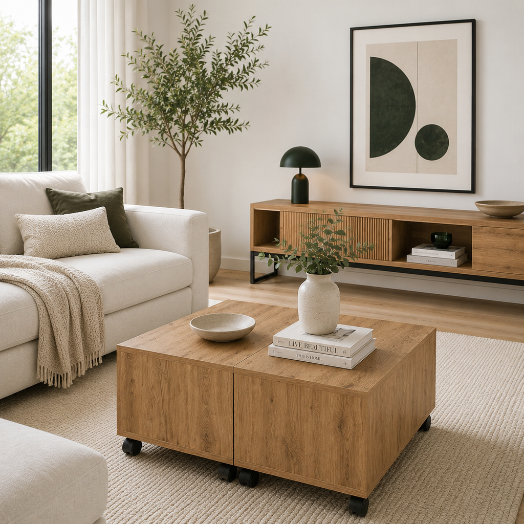 Table Basse Carrée Extensible à Roulettes en Chêne Sonoma