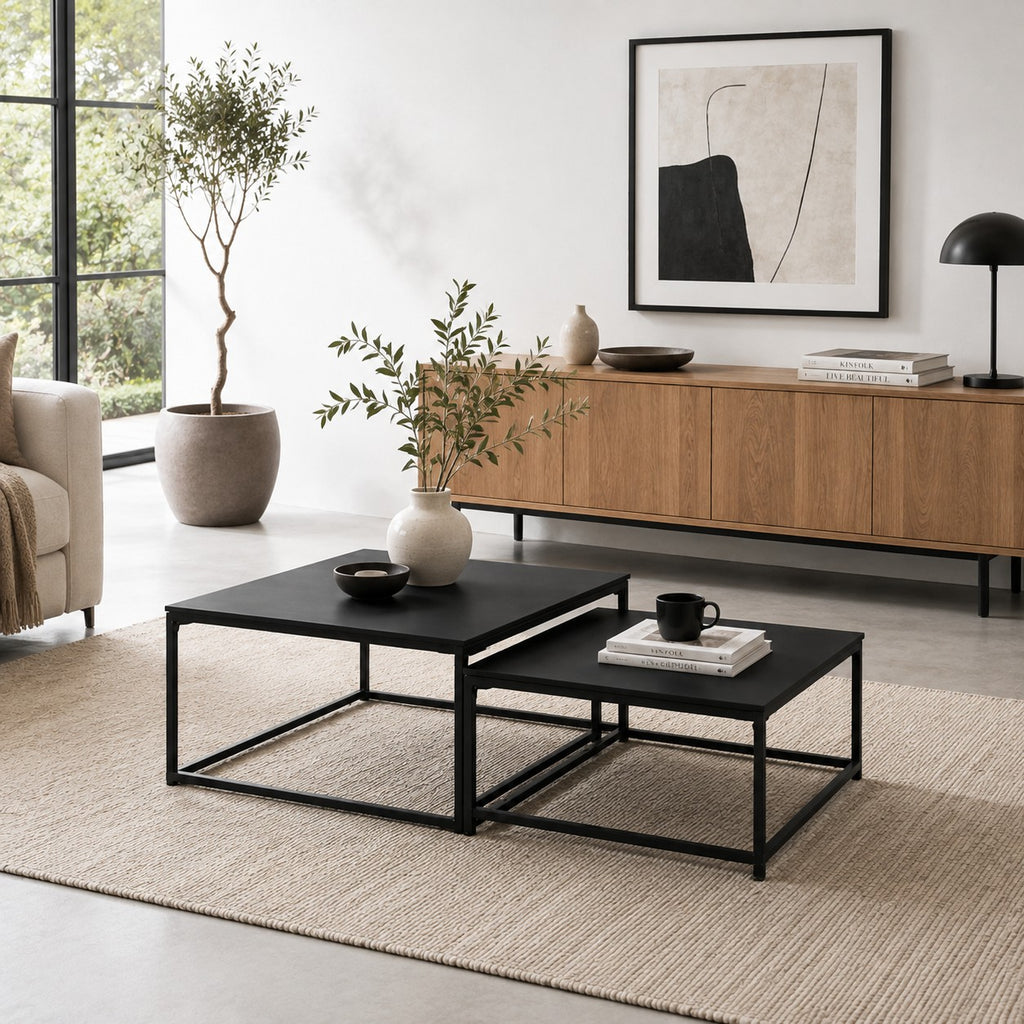Table Basse Gigogne Carrée en Bois et Métal - Lot de 2