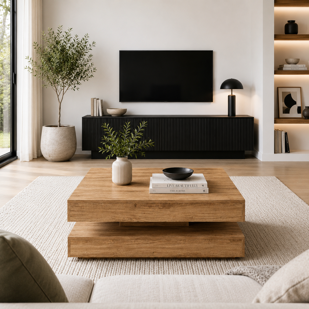 Table basse rotative 360° Chêne Artisanal - dans un salon
