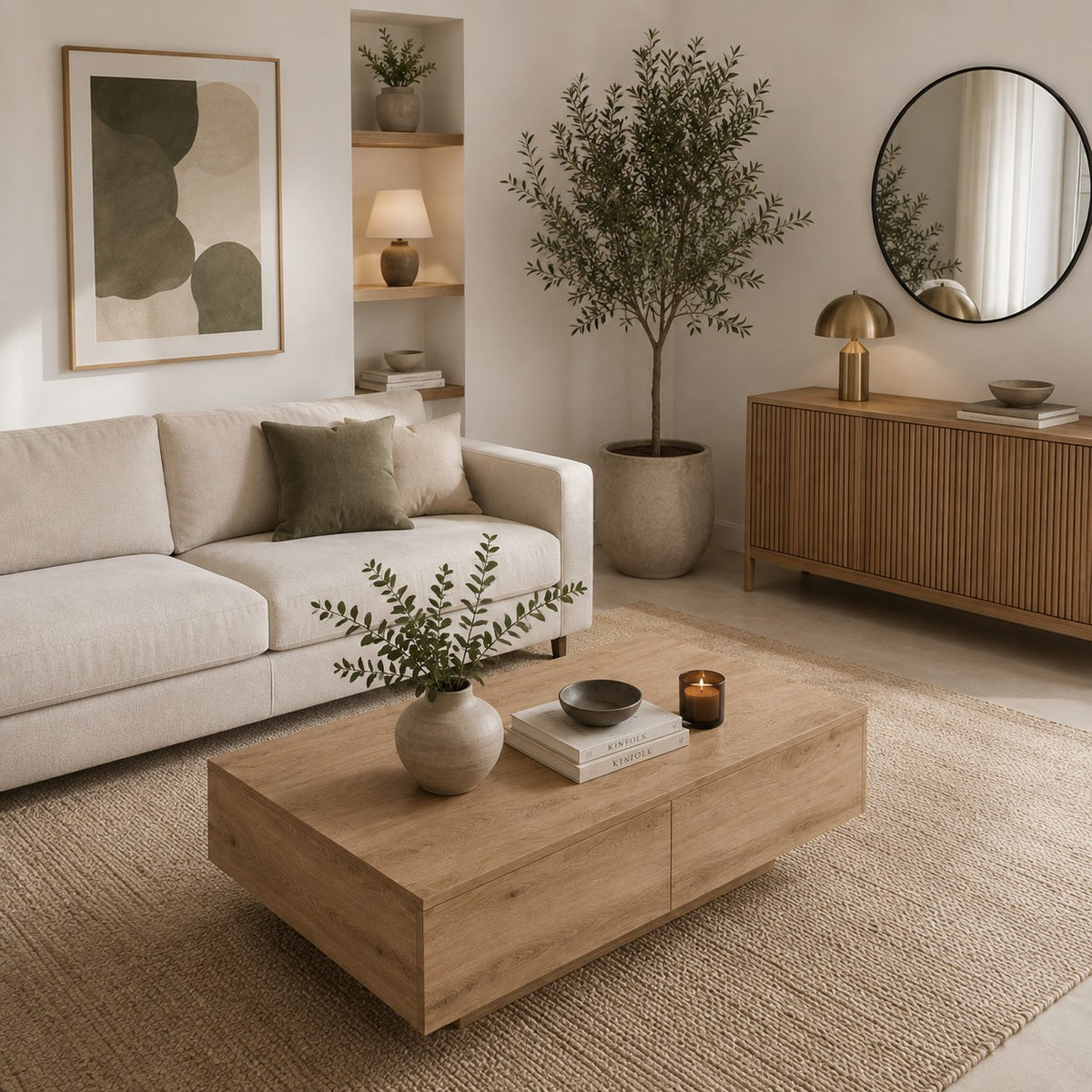 Table basse rectangulaire rangement Chêne Artisanal - dans un salon