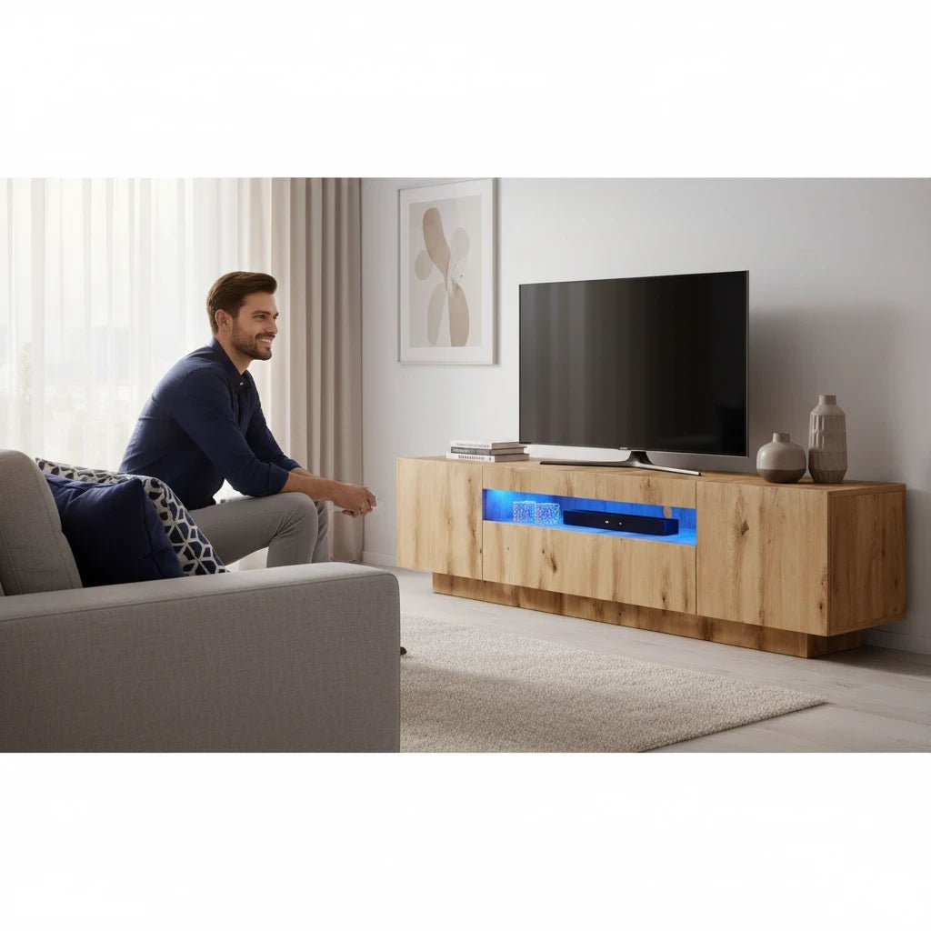 Meuble TV Chêne Artisanal avec Éclairage LED RGB 160 cm