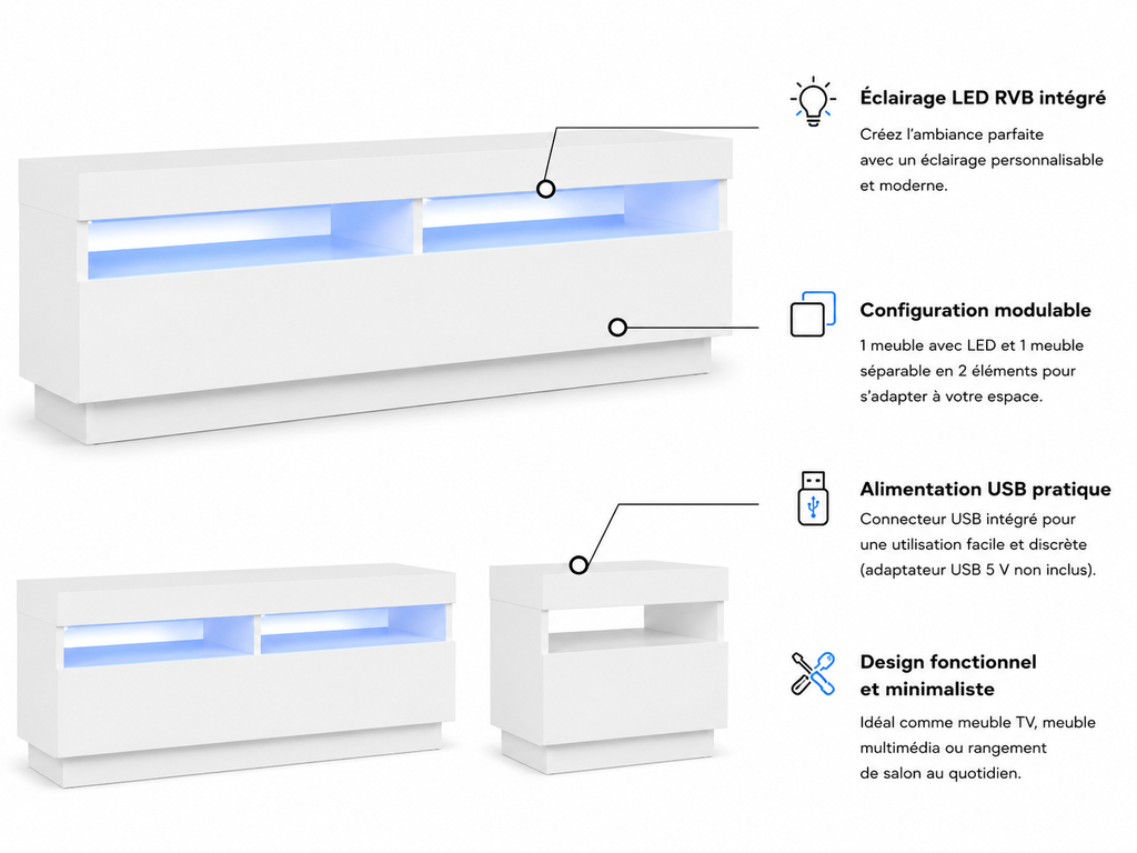 Meuble TV Blanc Modulable avec LED RVB 180 cm