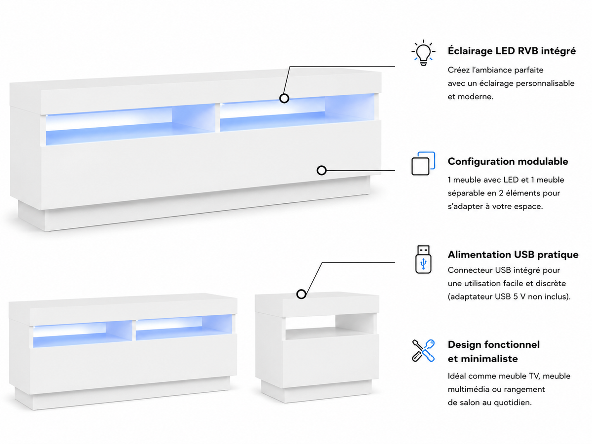 Meuble TV Blanc Modulable avec LED RVB 180 cm