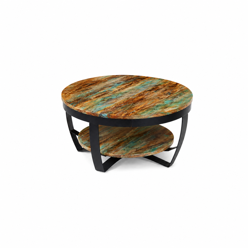 Table Basse Ronde en Manguier Massif avec Structure Métal