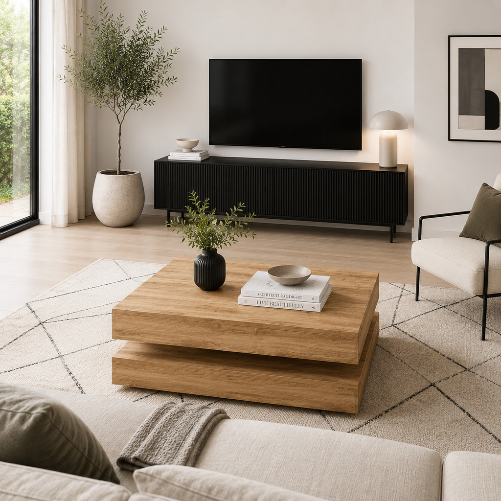 Table basse rotative 360° Chêne Artisanal - dans un salon
