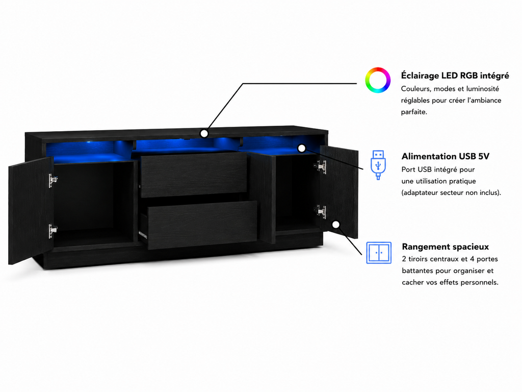 Meuble TV Chêne Noir LED RGB 160 cm avec Tiroirs
