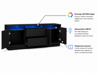 Meuble TV Chêne Noir LED RGB 160 cm avec Tiroirs